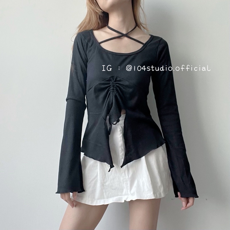 A889 Áo kiểu nữ dây rút tay dài xẻ vạt phong cách quyến rũ
