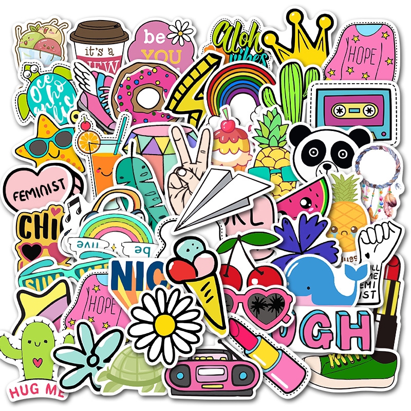 Sticker Set 50 Miếng Dán Trang Trí Chống Thấm Nước Hình Hoạt Hình Dễ Thương