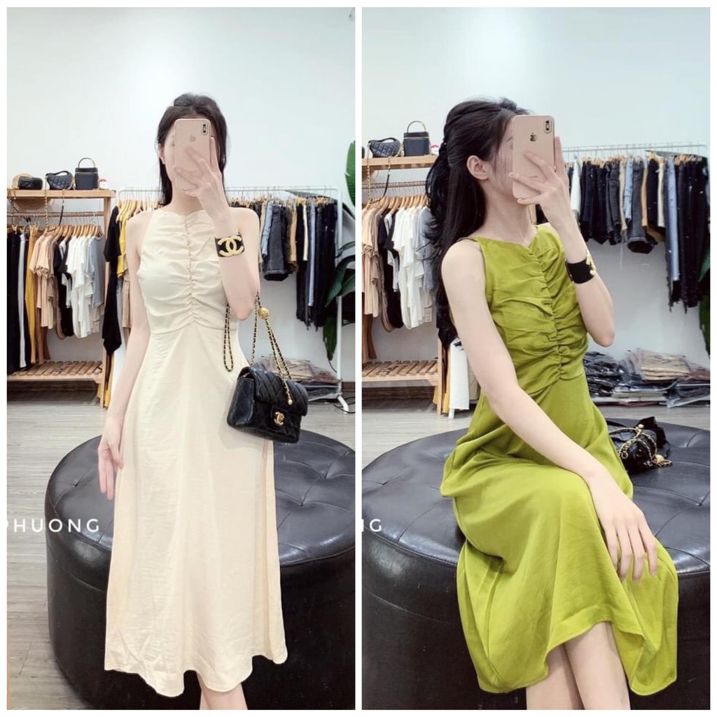 ⚡ Đầm xòe cổ yếm 2 màu xanh và be