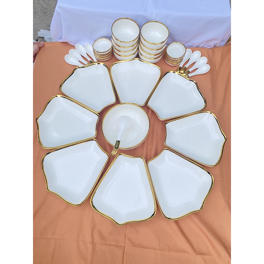 Set bát đĩa Hướng Dương 8 cánh lá me gốm sứ cao cấp , sang trọng, tinh tế, phù hợp với bữa ăn gia đình, bàn tiệc