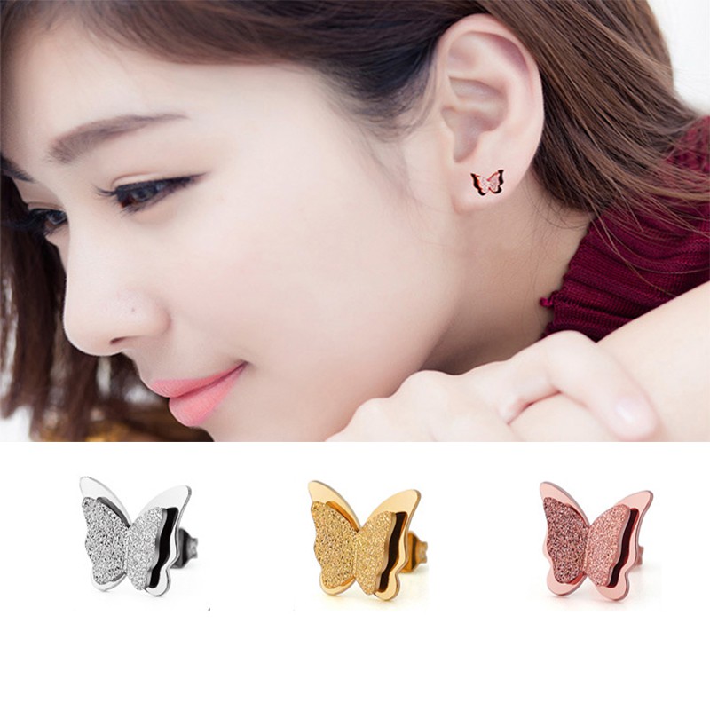 Đôi bông tai thép titan mặt hình bướm 3 màu tùy chọn dành cho nữ