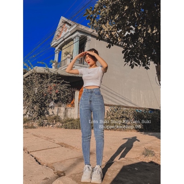 Quần Jean cào nhẹ cạp cao