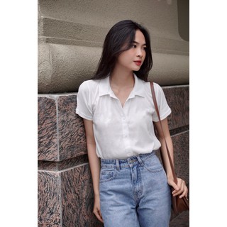Áo polo nữ tay ngắn gài nút dáng rộng màu trắng ngà - fupss - hashtagem