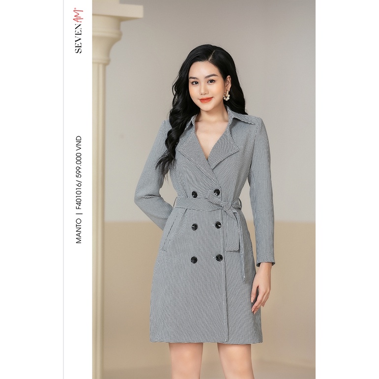 Áo Khoác Manto Seven.AM Kiểu Dáng Dài Tay Chất Dạ Họa Tiết Kẻ Caro Đen Trắng Mã F401016N