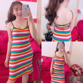Đầm body 2 dây màu cầu vồng - ảnh thật 100%
