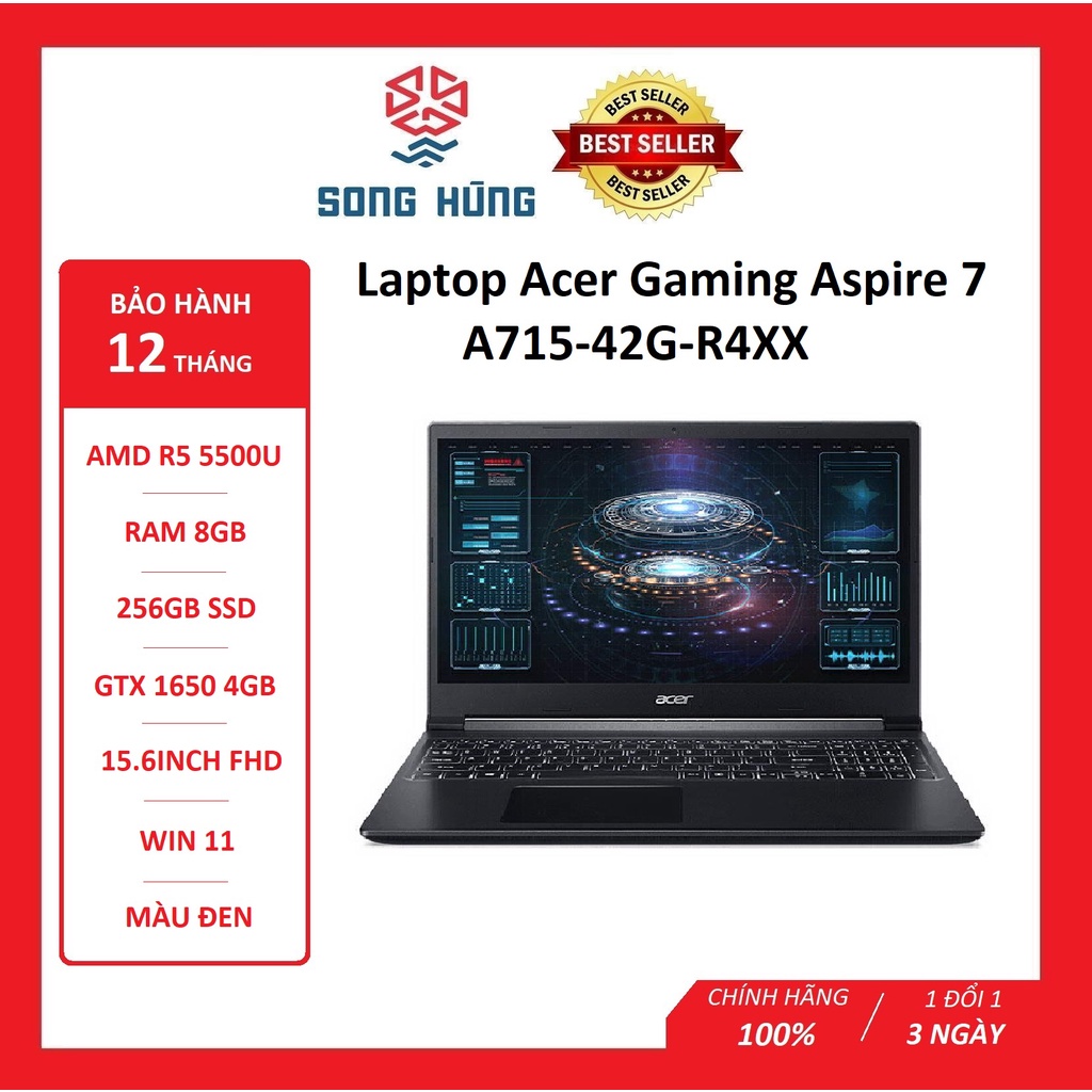 Laptop Acer Aspire 7 A715-42G-R4XX R5-5500U | 8GB | GTX1650 | 256GB | 15.6' FHD | Win 11 , Laptop gaming