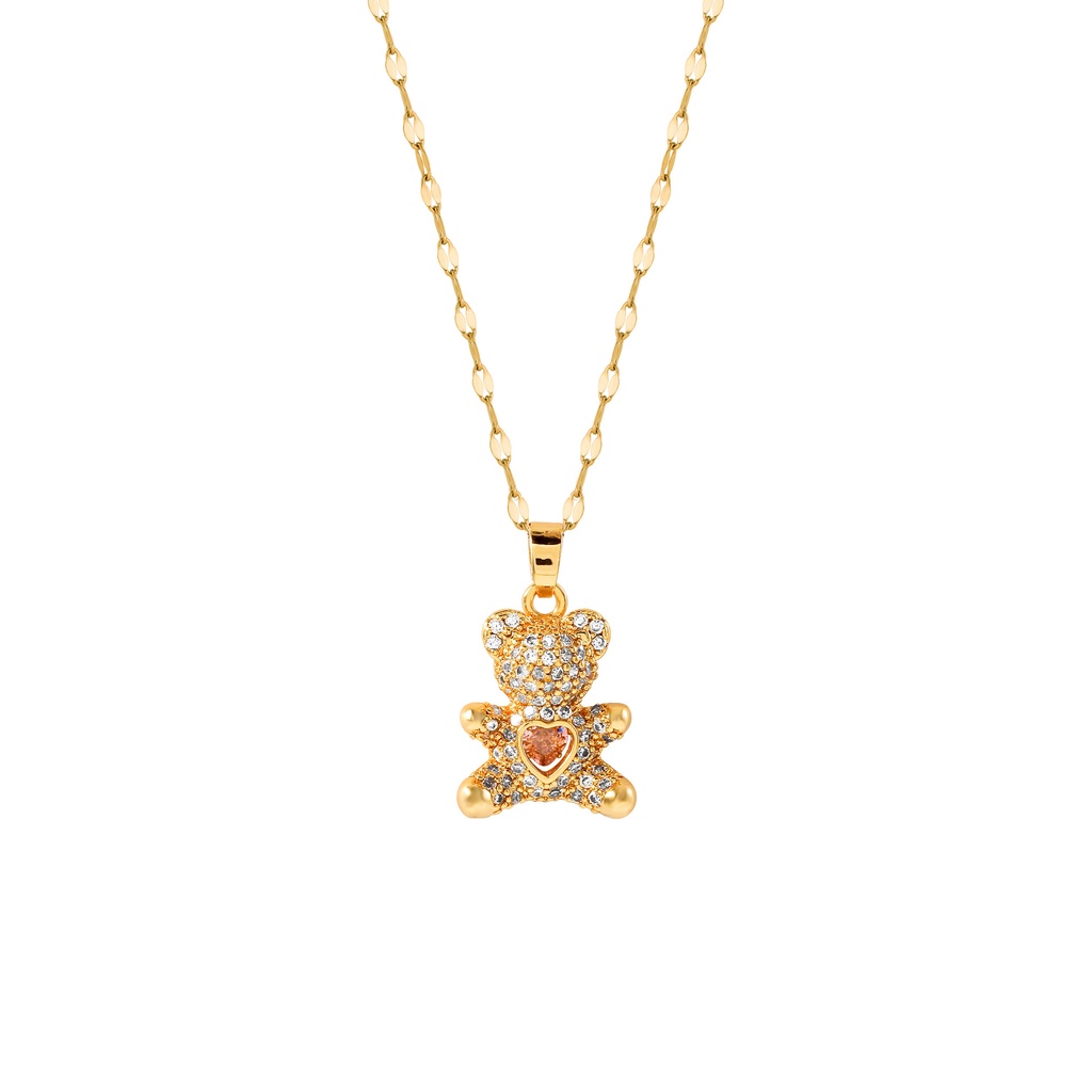Vòng cổ thép titan mặt hình gấu đính đá zircon thời trang Hàn Quốc sang trọng