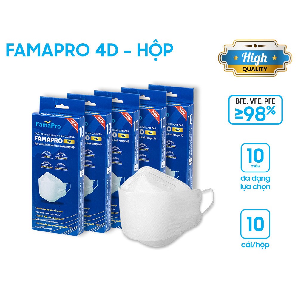 Combo 5 hộp khẩu trang y tế cao cấp kháng khuẩn 3 lớp Famapro 4D KF94 DẠNG HỘP (10 cái / Hộp)