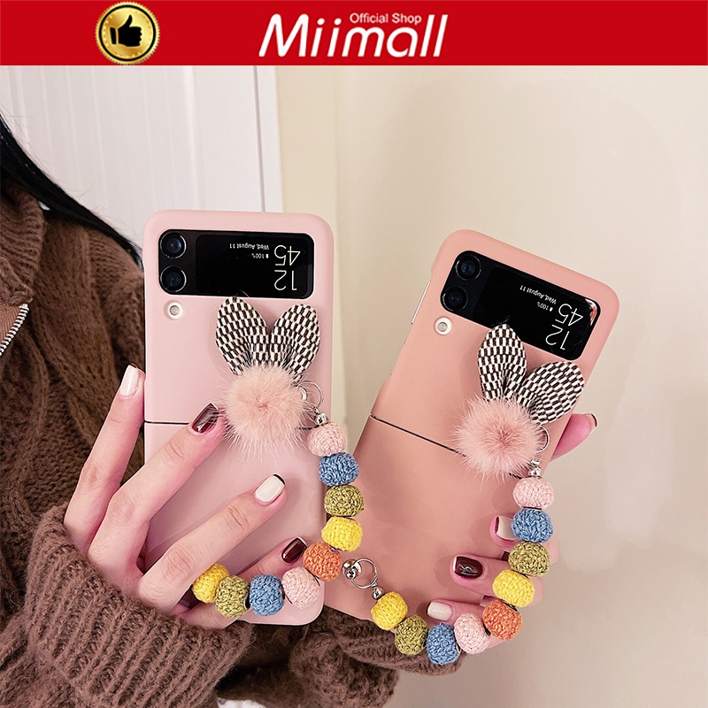 Miimall Ốp Z Flip 3 điện thoại cứng có dây chuyền độc đáo chống rơi,case tai thỏ + chuỗi màu vỏ bảo vệ dành cho Samsung Galaxy Z Flip 3 phong cách dễ thương