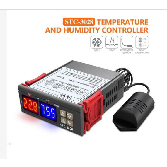 Bộ điều khiển nhiệt độ và độ ẩm AC110-220V/12v10A màn hình hiển thị LED kép STC-3028