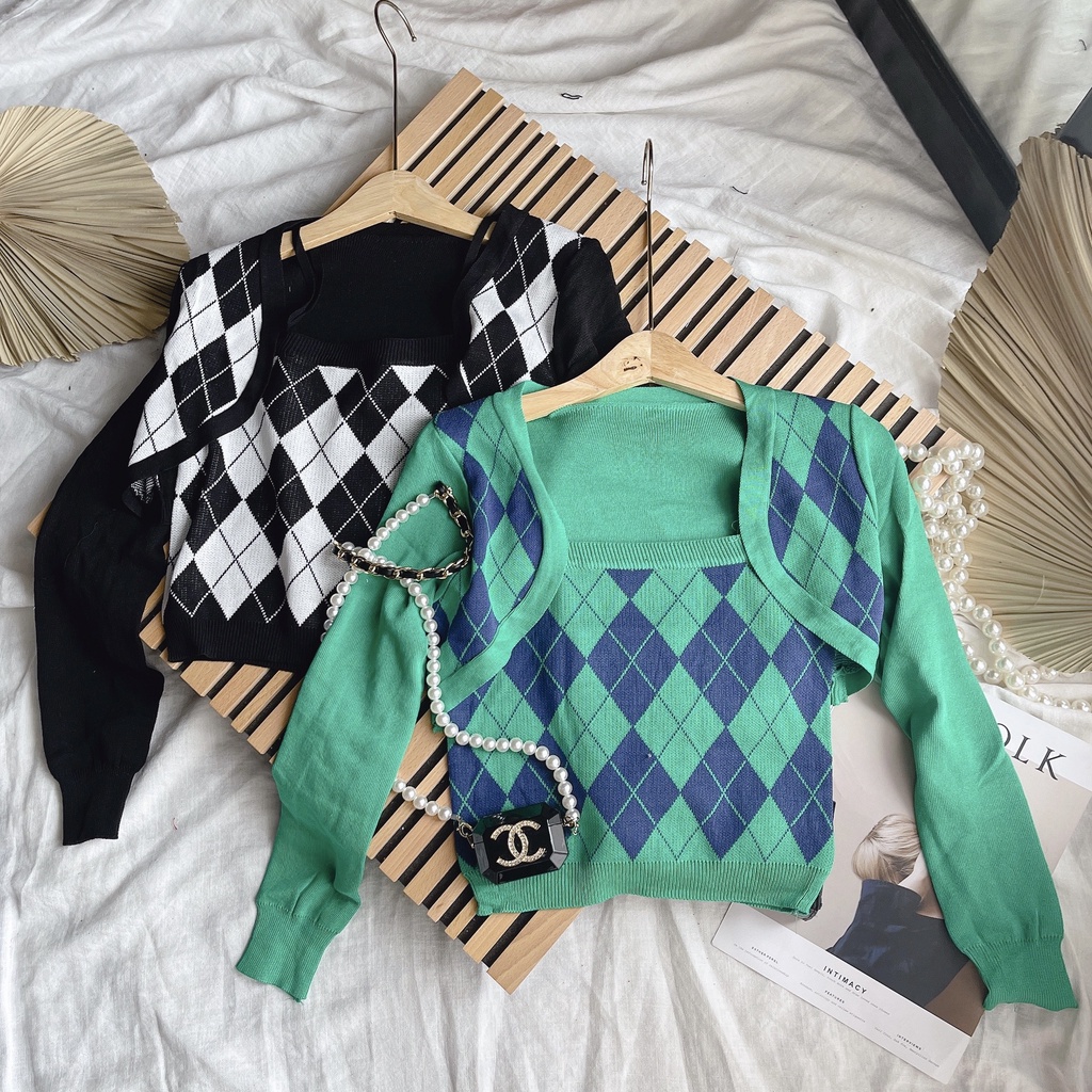 Set Áo Len, Áo 2 Dây Nữ Kèm Áo Khoác Len Crop Họa Tiết Ô Trám, Chất Len Cao Cấp Thời Trang Thu Đông (Kèm ảnh thật). | BigBuy360 - bigbuy360.vn