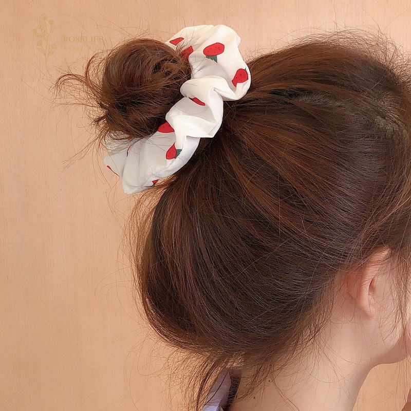 Dây buộc tóc chiffon họa tiết trái dâu phong cách Hàn Quốc dành cho nữ