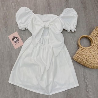 Đầm trắng tay phồng cột nơ sau