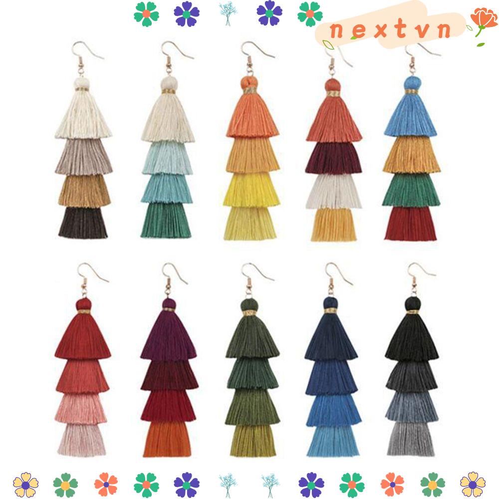 1 Cặp Khuyên Tai Tua Rua Dài Vải Lụa Nhiều Lớp Phong Cách Boho Thời Trang Cho Nữ