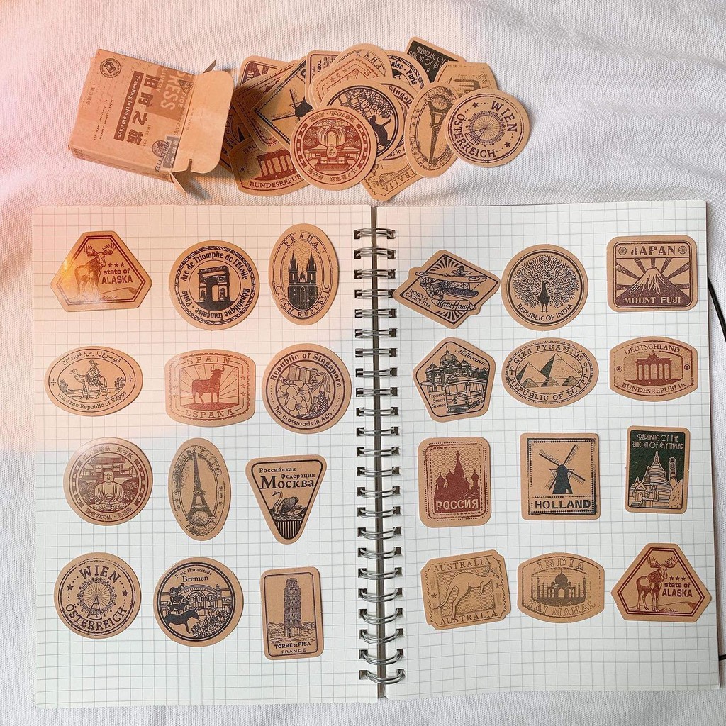 Hộp 40-45 sticker hình dán phong cách Retro - Vintage trang trí sổ bullet journal