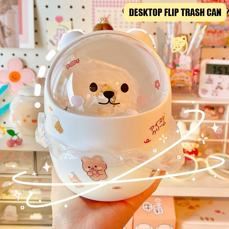 Thùng rác để bàn có nắp mini, hình chú gấu xinh xắn tặng kèm sticker cute dễ thương