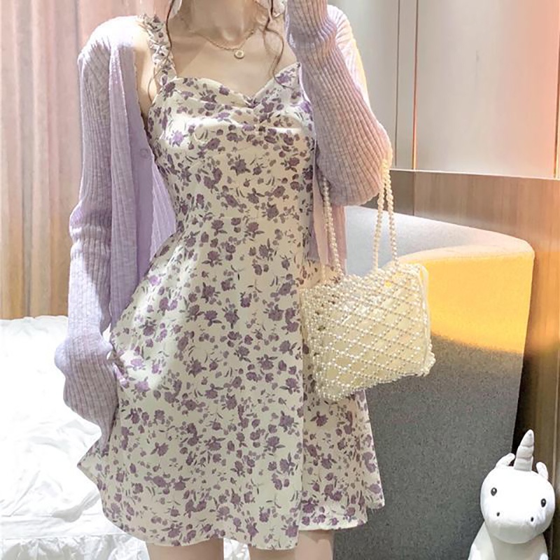 Áo khoác/ Đầm hai dây IELGY vải voan dáng ôm in hoa màu tím thời trang