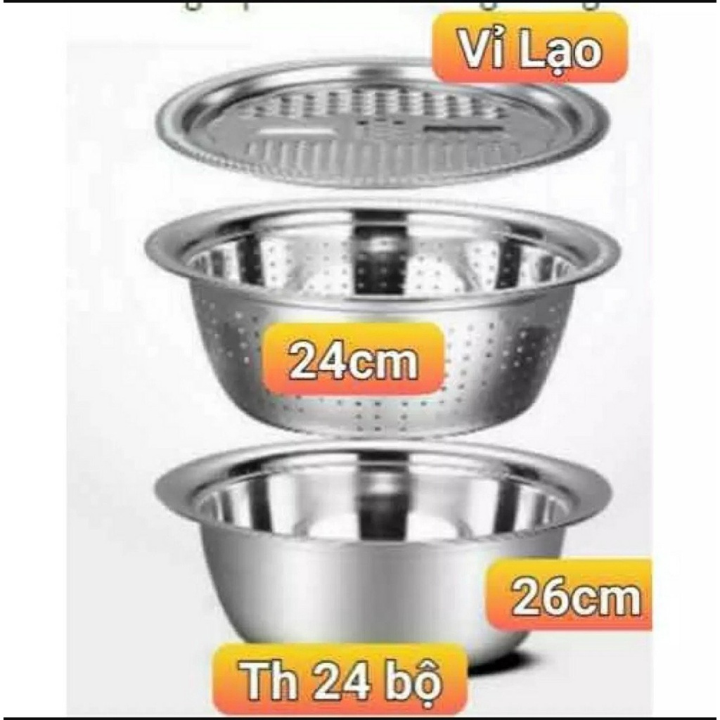 [BỘ 3 MÓN] Bộ bào nạo rau củ kiêm rổ và chậu Inox kèm bào sợi Cao cấp đa năng 3 trong 1, kích thước 26x10x12cm