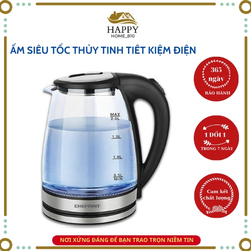 Ấm siêu tốc thủy tinh Chefman - Ấm đun nước siêu tốc đun nhanh công công suất lớn 1500W dung tích 1,8L- Tiết kiệm điện