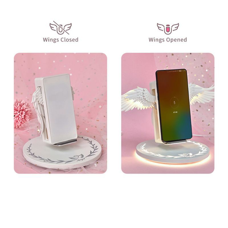 Đế Sạc Không Dây Qi 10w Hình Đôi Cánh Thiên Thần Có Đèn Led Nhiều Màu Cho Iphone 11 Pro X Xr 8 Plus Smasung S9 S10