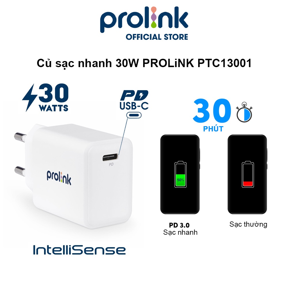 Củ sạc nhanh 30W PROLiNK PTC13001, 1 cổng USB-C, IntelliSense, PD 3.0, sạc siêu nhanh cho điện thoại, máy tính bảng