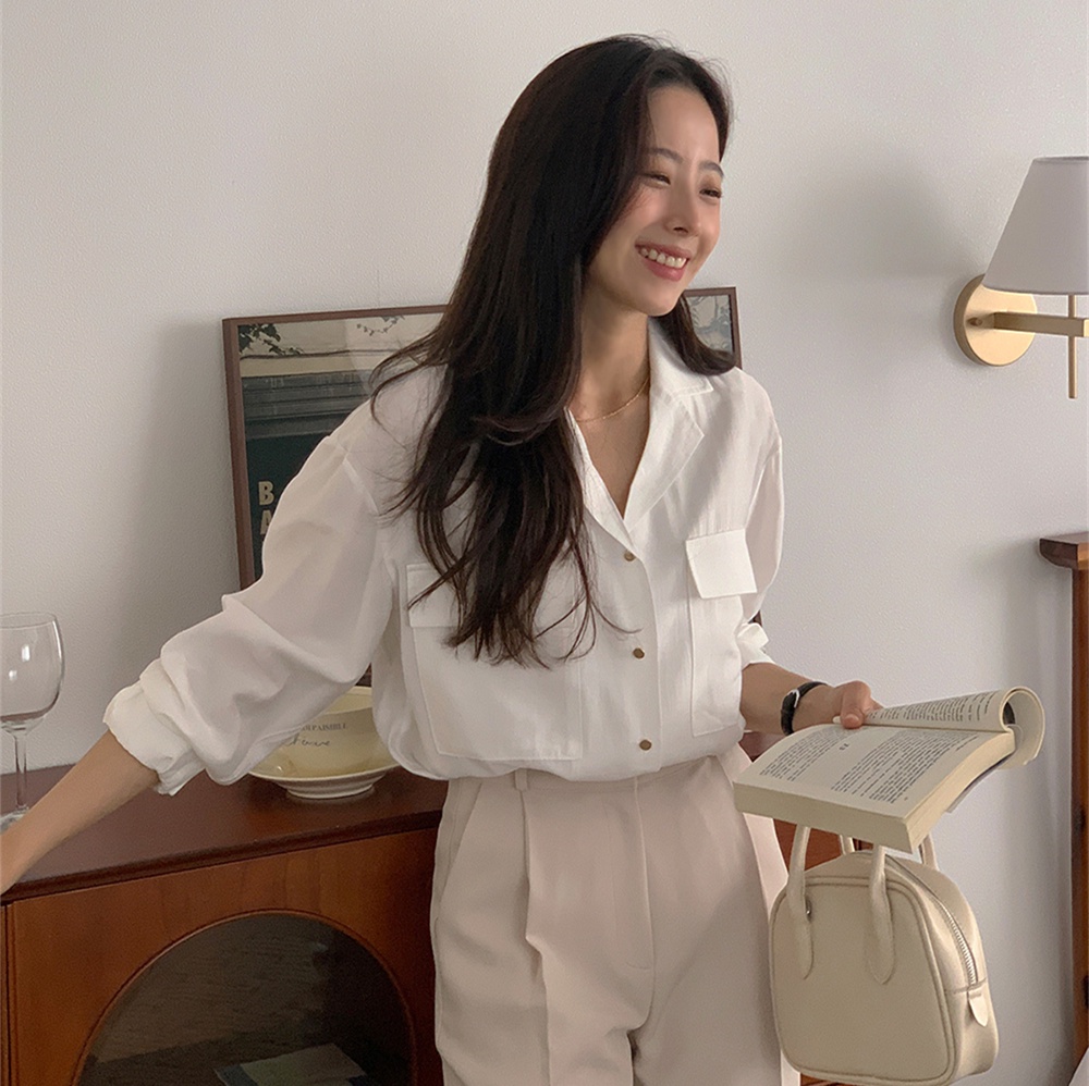 Áo Sơ Mi Dài Tay Cổ polo Phối Túi Đôi Kiểu Vintage Pháp Sành Điệu 55567