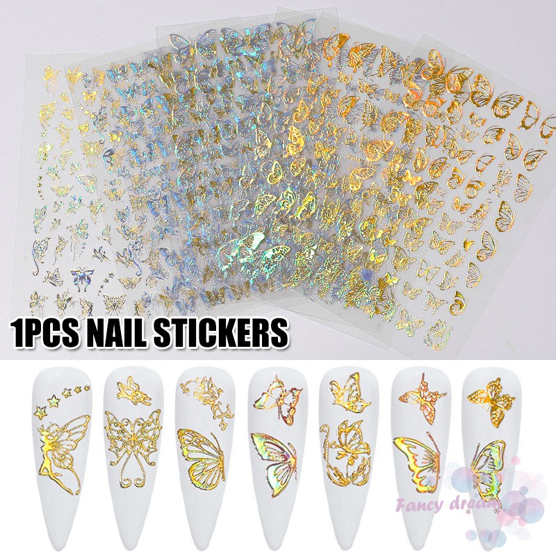 Miếng Dán Trang Trí Móng Tay Nghệ Thuật Hình Bướm Màu Vàng / Bạc Cho Nữ