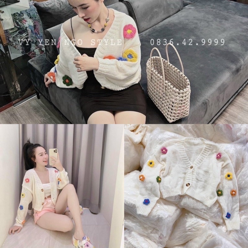 ÁO KHOÁC THUN GÂN CARDIGAN ĐÍNH HOA LEN SIÊU XINH BHT8