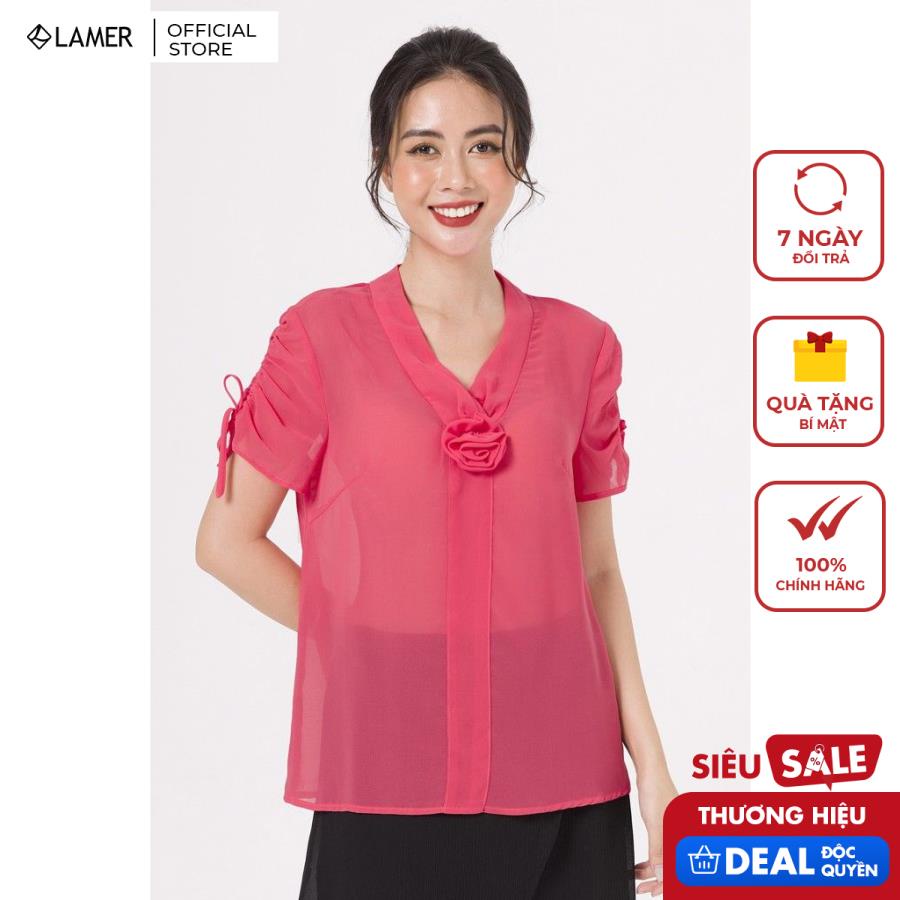 Áo nữ cổ tim nhún, đính hoa LAMER L61B20H016 (Nhiều màu)
