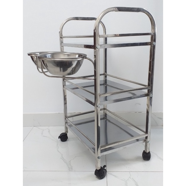 Xe đẩy spa inox kệ inox 3 tầng spa thẩm mỹ viện đựng dụng cụ tặng 2 thau inox