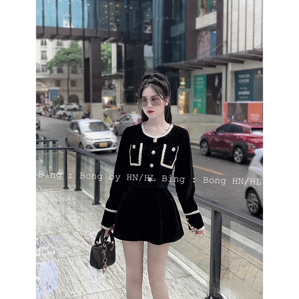 Set nhung viền ren mix chân váy ngắn BN615