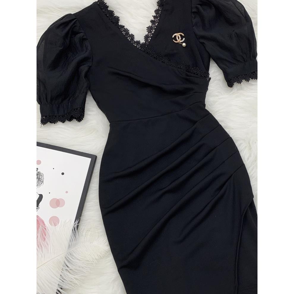 [VÁY ĐI TIỆC CAO CẤP] Váy đen body phối ren tay bồng (Kèm ảnh thật trải sàn do shop tự chụp) | BigBuy360 - bigbuy360.vn