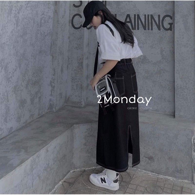 Chân váy jeans dài / chân váy xẻ tà chỉ nổi Phong Cách Ulzzang Hàn quốc