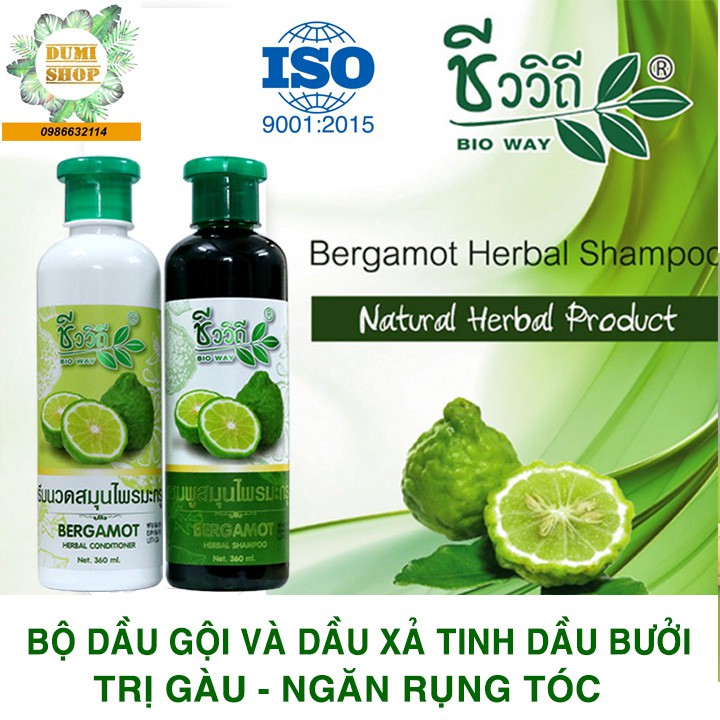 Bộ dầu gội và dầu xả tinh dầu Bưởi - Sả ngăn gàu và ngăn rụng tóc Bio Way Thái Lan 360ml