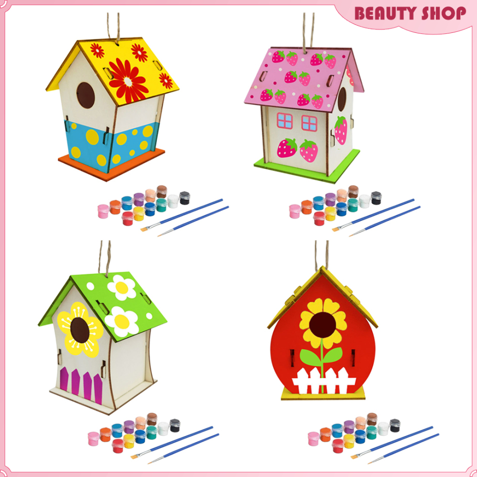 Art Craft Wood Toys 3D Painting Puzzle Bird House DIY Wooden Assembly Model Building Kits with 12 Color Pigments & Brush for Kid Educational Gifts