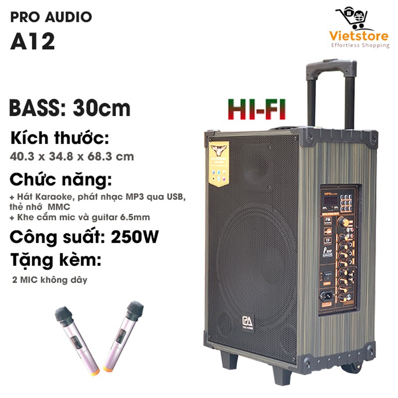 (Tặng kèm 2 Mic không dây) Loa kéo Karaoke Pro Audio A12 Siêu bass 3 tấc (30cm)  bluetooth 4.2 âm thanh 3D Hifi