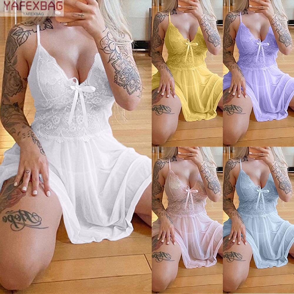 Women See Through Sexy Solid Color Dress Deep Nightdress Plus Size Night Wear