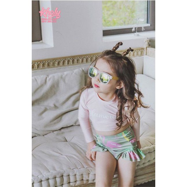 Set đồ bơi áo quần rời trẻ em tặng kèm nón bơi hình hồng hạc màu hồng xanh lá cho bé gái còn size L - 69NDBHACXL