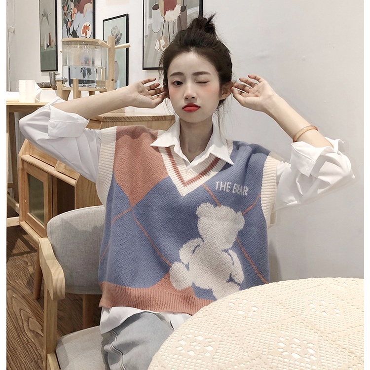 Áo dệt kim không tay họa tiết gấu xinh xắn theo phong cách retro hàn quốc