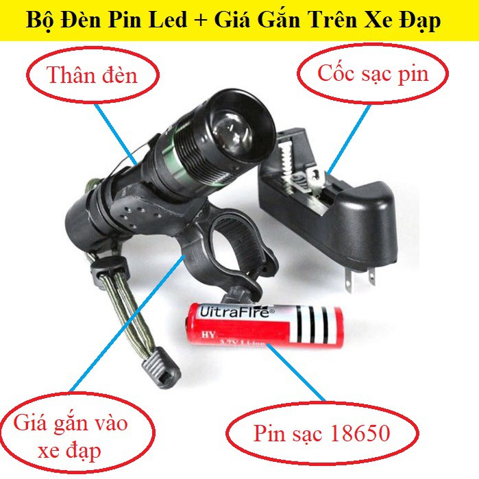 Bộ Đèn Pin Led Siêu Sáng HY-815 + Giá Đỡ Kẹp Trên Xe Đạp, Vỏ Bằng Hợp Kim Nhôm Siêu Bền, Có Thể Soi Ở Gần Hoặc Chiếu Xa