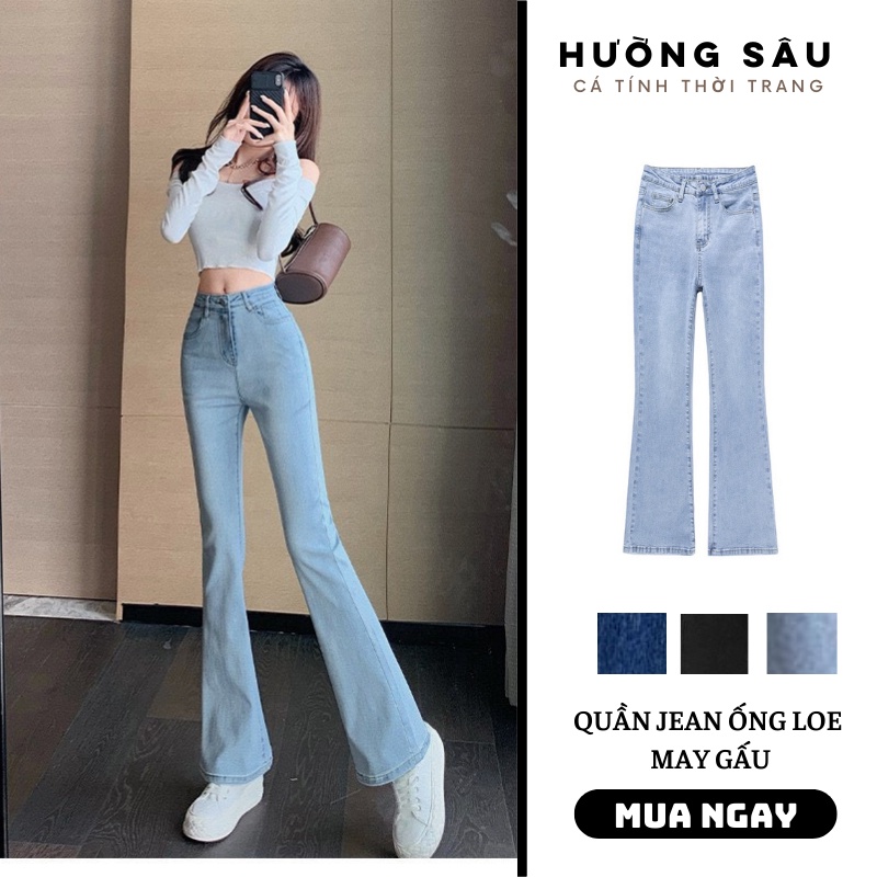 Quần ống loe dáng dài may gấu nữ, quần bò jean cạp cao ống vẩy co dãn màu xanh - đen