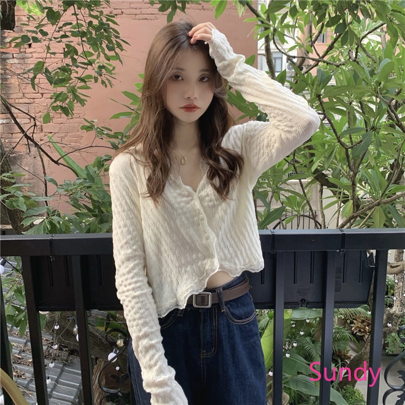 Áo Cardigan Cổ Chữ V Phối Ren Thời Trang Mùa Hè Hàn Quốc Cho Nữ