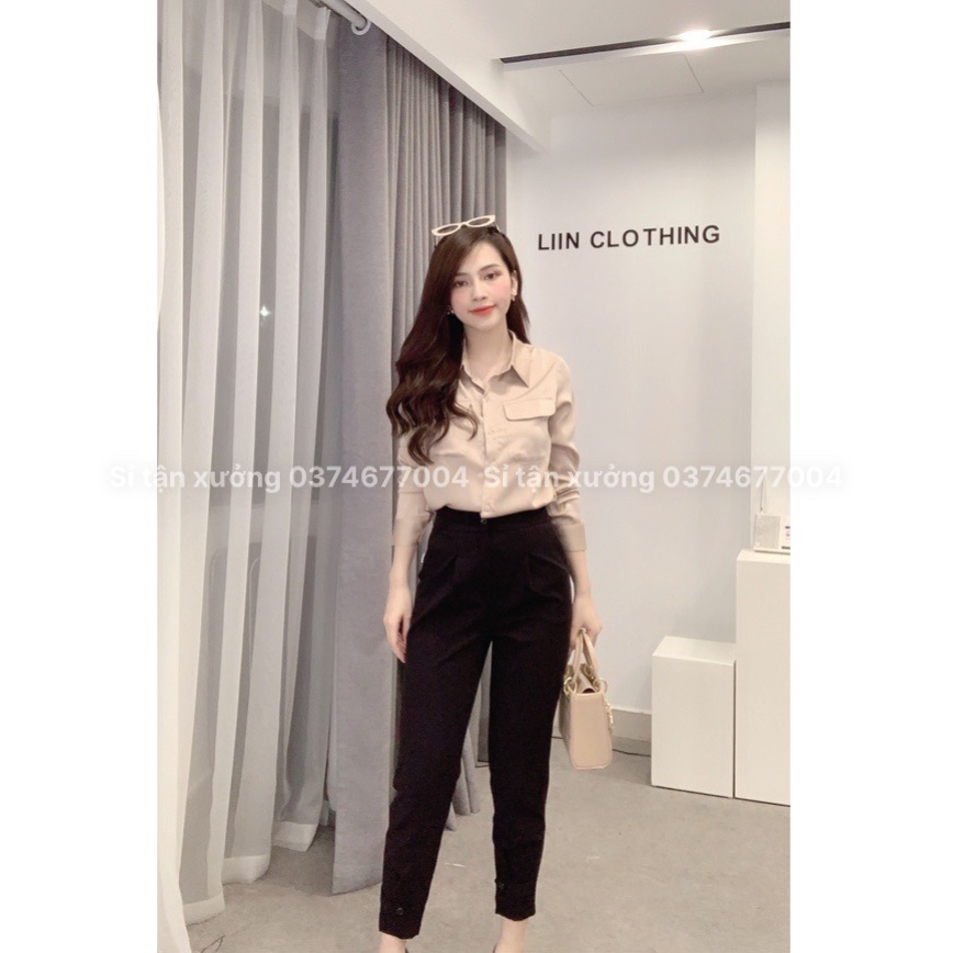 Áo sơ mi nữ lụa be form trơn basic, áo sơ mi công sở dài tay 2 túi ngực thanh lịch 376
