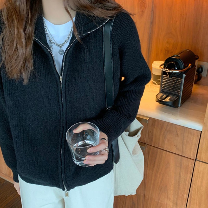 Áo Khoác cardigan Dệt Kim Mỏng Dáng Rộng Cổ Cao Hai Khóa Kéo Đơn Giản Thời Trang Phong Cách Hàn Quốc