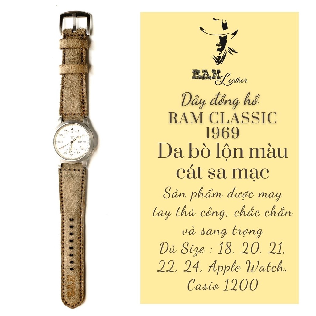 Dây đồng hồ RAM Leather vintage classic 1969 nam nữ da bò lộn vàng cát sa mạc