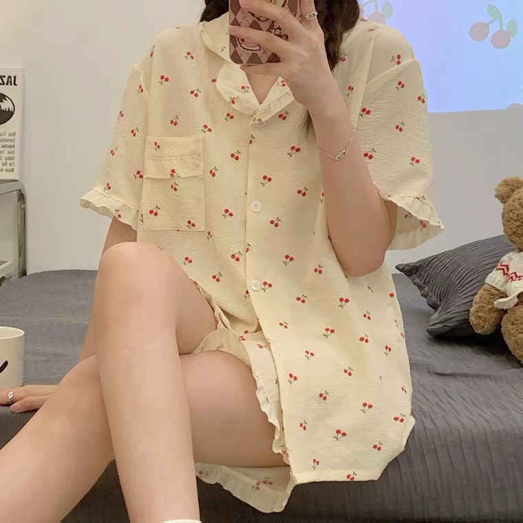 BỘ ĐỒ NGỦ MẶC NHÀ CỘC TAY VIỀN BÈO CHERRY