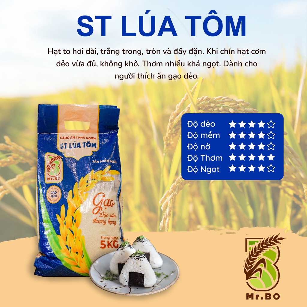 Gạo ST Lúa Tôm Mr.Bo Túi 5kg Cơm Thơm mềm Dẻo