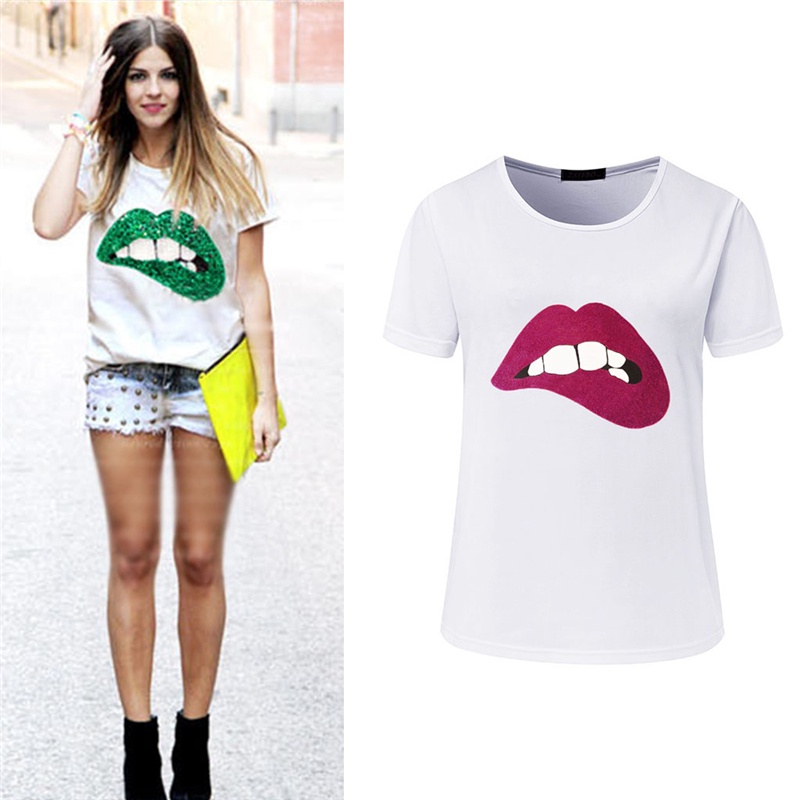 Áo Thun Tay Ngắn Cổ Tròn Dáng Rộng In Hình Đôi Môi Thời Trang Mùa Hè Cho Nữ