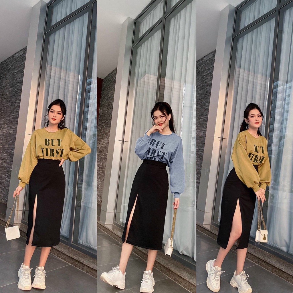Sét váy nữ áo cổ tròn dài tay in họa tiết chữ kèm chân váy dài xẻ tà cực xinh thời trang nữ cho quý cô đi làm, dạo phố