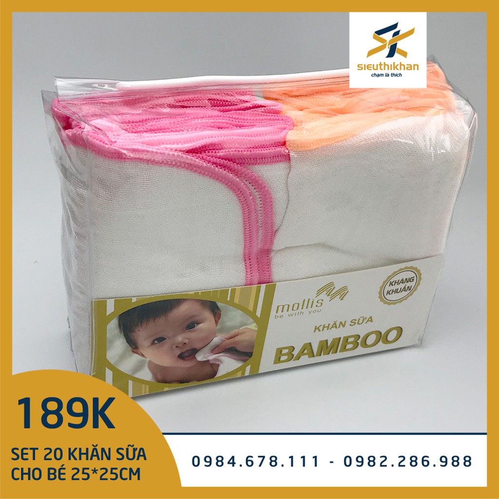 Túi 20 khăn sữa sợi tre cao cấp mollis 3 lớp, kích thước 25x25cm - Khăn sữa mollis cho em bé P637 | SIÊU THỊ KHĂN
